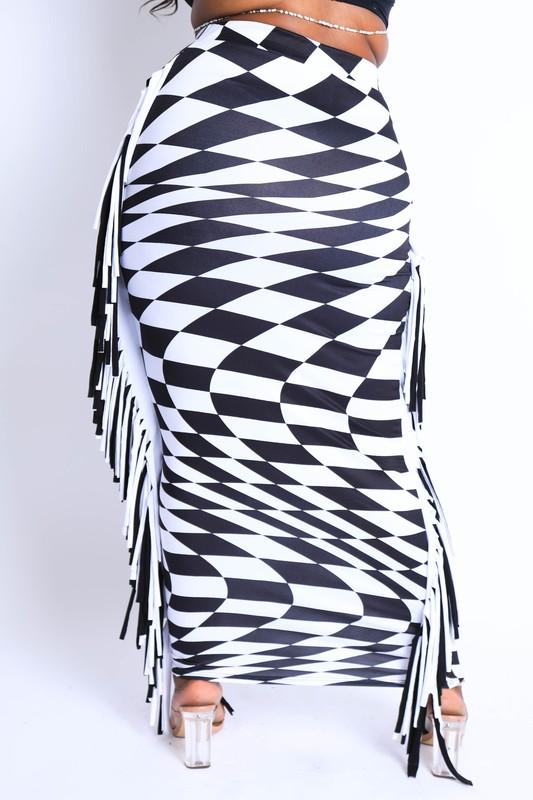 FIERY FRINGE SKIRT- BLACK/WHITE - TRESLUSH