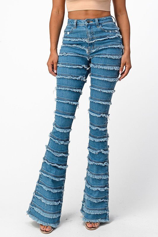 High Rise Shredded Flare Jeans-MEDIUM BLUE - TRESLUSH