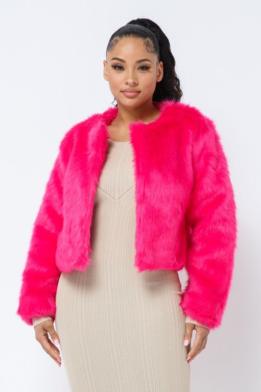 Open Front Faux Fur Jacket - Pink - TRESLUSH