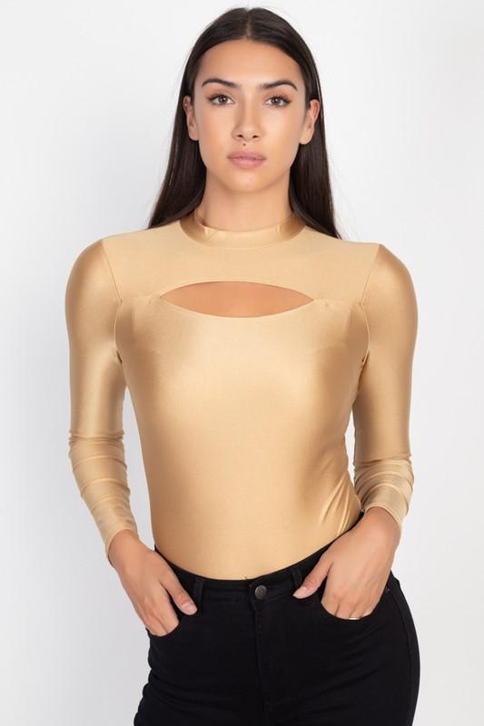 Shiny Metallic Cutout Bodysuit- Gold - TRESLUSH