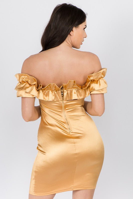 SHOULDER SATIN DRESS - Gold - TRESLUSH