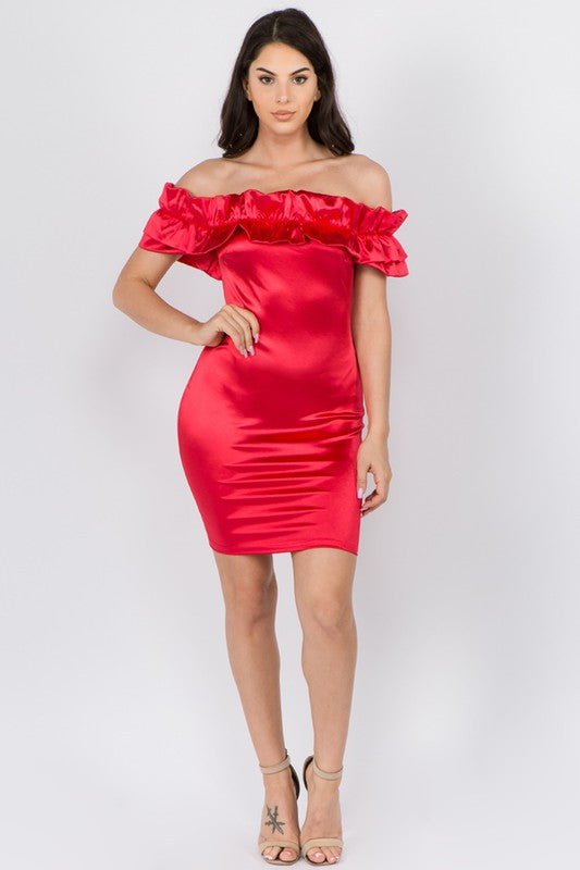 SHOULDER SATIN DRESS - Gold - TRESLUSH