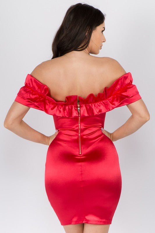 SHOULDER SATIN DRESS - Gold - TRESLUSH