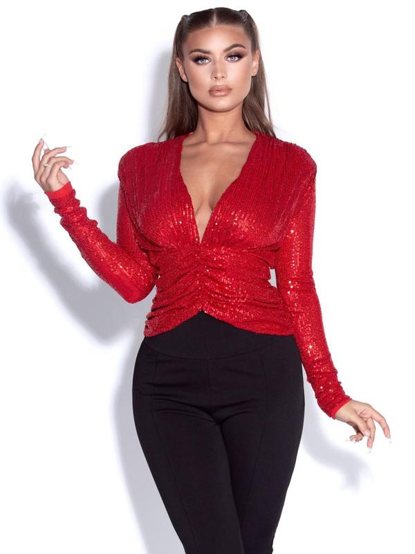 Tate Red Sequined Deep V Top - TRESLUSH