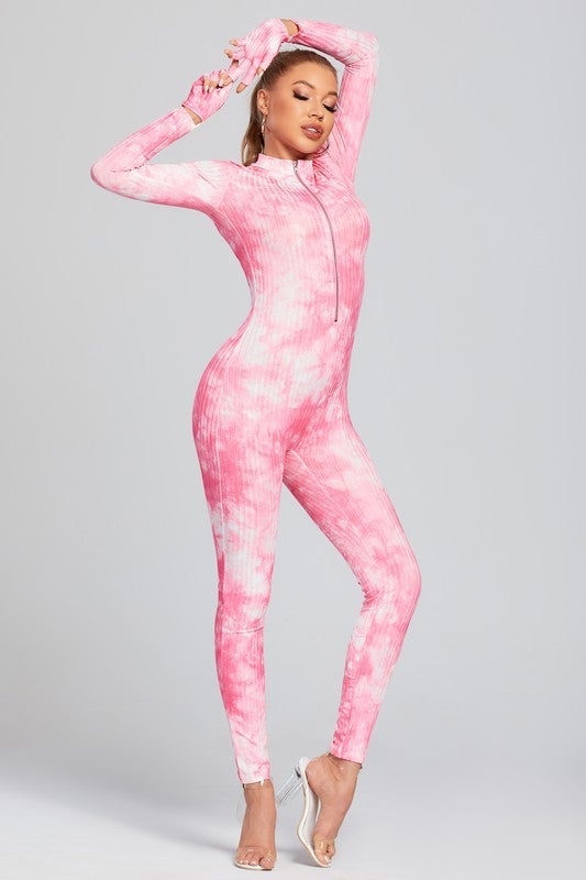TIE DYE PRINT FRONT ZIPPER JUMPSUIT- PINK - TRESLUSH