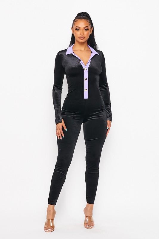 Velvet Color Block Jumpsuit- Black - TRESLUSH
