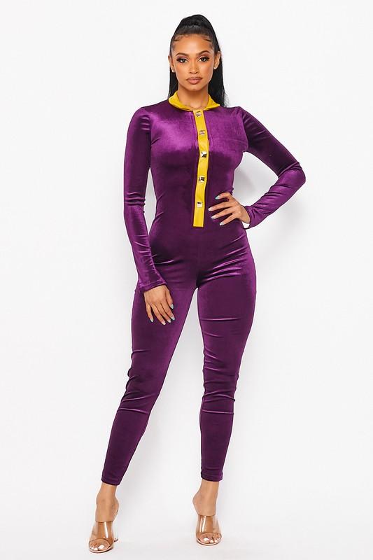 Velvet Color Block Jumpsuit- Purple - TRESLUSH