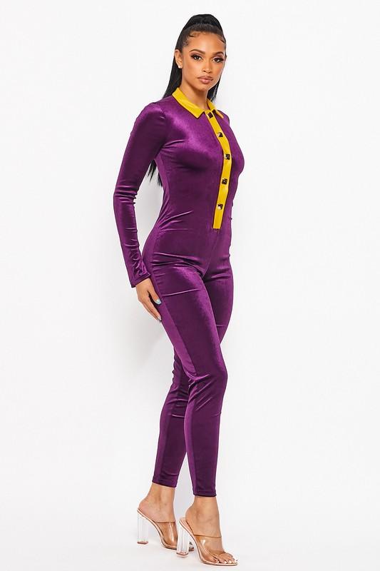 Velvet Color Block Jumpsuit- Purple - TRESLUSH