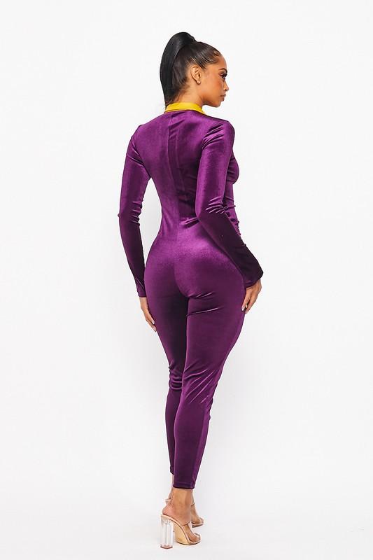 Velvet Color Block Jumpsuit- Purple - TRESLUSH